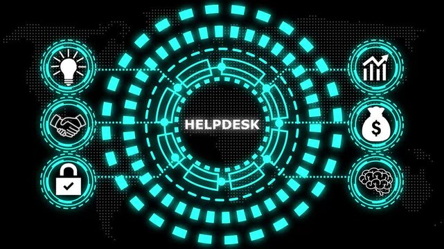A glowing cyan circular diagram with the word helpdesk in the center and six surrounding icons representing business concepts.