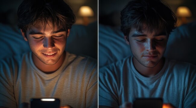 diptych of a person on a couch at night, face lit by smartphone glow with warm lamp bokeh in background, appearing absorbed and contemplative in a dim living room