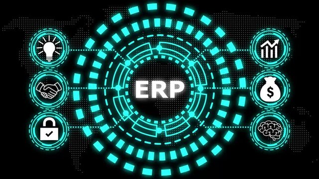A glowing blue circular diagram with the word erp in the center and six surrounding icons representing business concepts.