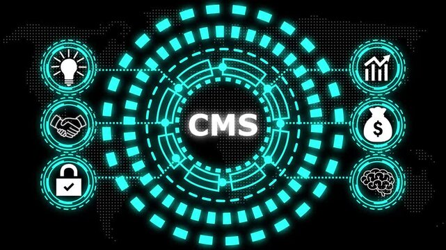 A glowing blue circular diagram with the word cms in the center and six surrounding icons representing business concepts.