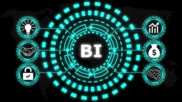 A glowing blue circular diagram with the word bi in the center and six surrounding icons representing business concepts.