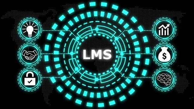 A glowing blue circular diagram with the word lms in the center and six surrounding icons representing business concepts.