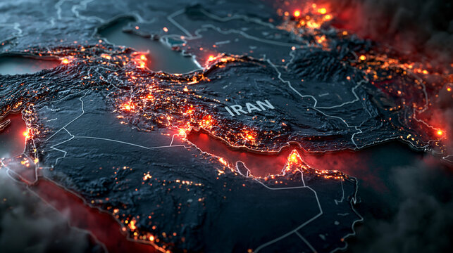 Map of Iran at Night with Glowing Cities: A stylized, illuminated map of Iran and surrounding regions at night, showcasing prominent cities glowing with light.