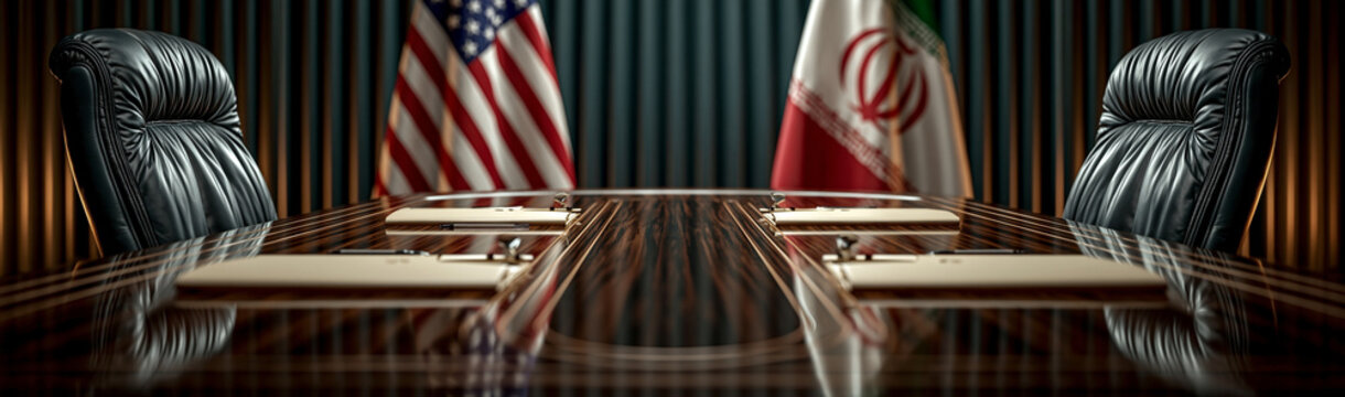 Diplomatic Encounter: A formal meeting room set for a high-stakes negotiation between two nations, symbolized by their flags and empty chairs, suggesting an imminent discussion or resolution.