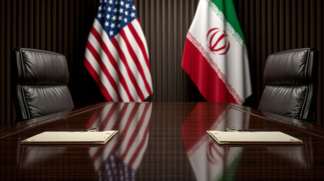 Diplomatic Encounter: Two chairs flank a polished conference table, adorned with the flags of the United States and Iran.