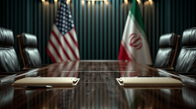 Diplomatic Table: A formal meeting room set for a high-stakes negotiation, with the flags of the United States and Iran flanking the empty chairs, symbolizing potential diplomacy or conflict.