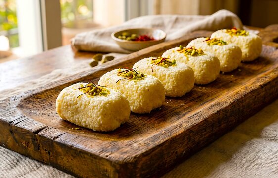 Traditional indian milk sweets on wooden tray with cham hand made