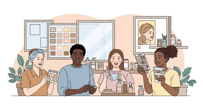Vector illustration of diverse men and women examining foundation swatches and cosmetic products in a beauty studio or laboratory setting with bottles and color charts.