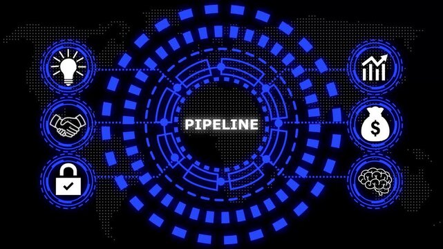 A glowing blue circular diagram with the word api in the center and six surrounding icons representing business concepts.
