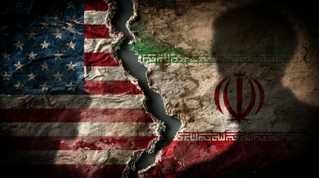 Divided Nations: A powerful symbolic image depicting the flags of the United States and Iran cracked and torn, representing the complex and often fraught relationship between the two countries.