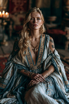 Frigga Aesir Norse goddess portrayed with regal beauty ceremonial attire sacred ornaments and timeless mythological royal elegance