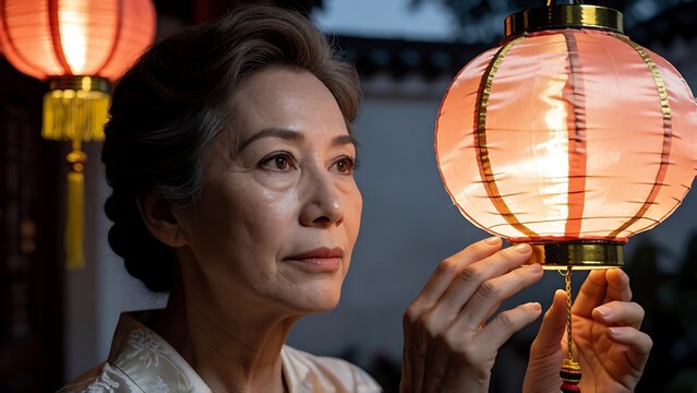 Elegant Mature Asian Woman Holding Glowing Paper Lantern at Traditional Festival Celebration at Night Time Soft Warm Illumination Reflecting on Her Face Cultural Heritage Concept