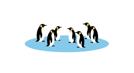 Fototapeta premium Seven penguins standing together on a circular blue ice floe in a simple illustration.