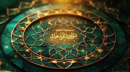 Fototapeta premium Ornate golden circular filigree with glowing Arabic calligraphy on deep teal textured background, elegant and reverent atmosphere