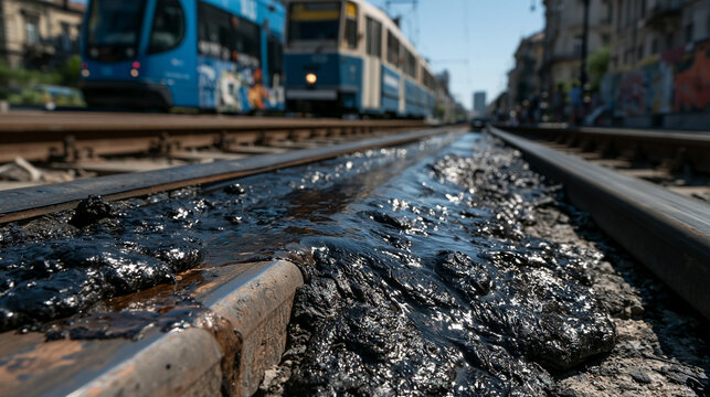 Tar on Railway Tracks: A close-up view of black tar-like material on a set of railway tracks, with trams blurred in the background, suggesting urban infrastructure or maintenance.