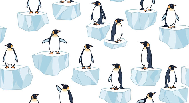 A seamless pattern featuring numerous cartoon penguins standing on individual ice floes against a white background, depicting a chilly polar scene.