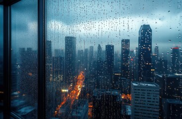 Fototapeta premium Rain-speckled window overlooking illuminated downtown skyscrapers at dusk with glowing streets and a moody, contemplative atmosphere