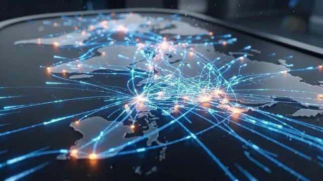 Global network connection cloud technology data transfer communication digital world map glowing lines points light futuristic style across continents