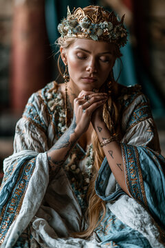Frigga Aesir Norse goddess wearing floral crown in peaceful prayer embodying wisdom prophecy motherhood and divine royalty