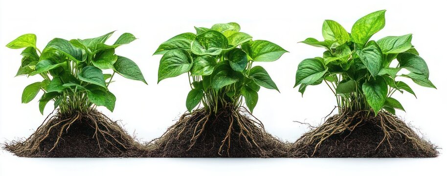 Three healthy green houseplants with exposed root balls and soil mounds on a white background, vibrant fresh growth evoking renewal and life