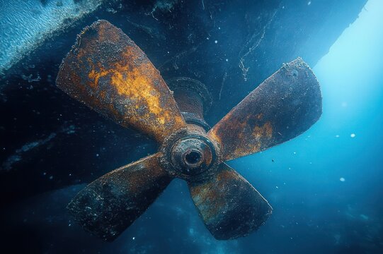 Underwater view of a rusty four-blade ship propeller encrusted with marine growth beneath a dark hull, bathed in blue light and drifting particles, evoking eerie abandonment