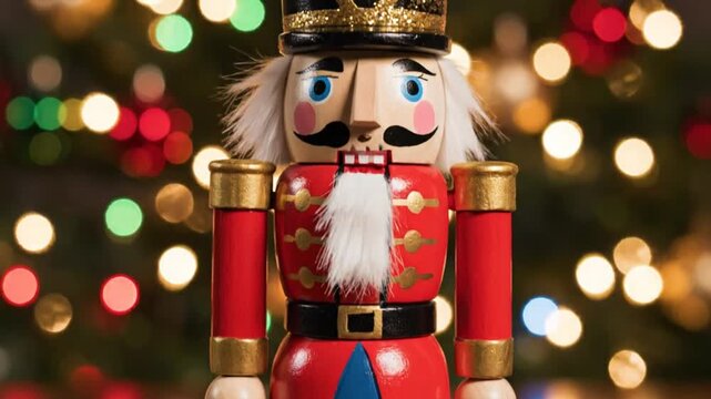 Festive Nutcracker Christmas Decoration Front Facing with a Decorated Tree in the Background