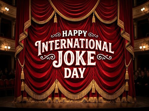 Celebrate humor with a grand stage curtain displaying happy international joke day message in elegant style