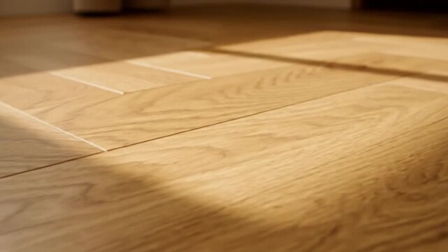 Close up view of warm hardwood flooring with a herringbone pattern in natural sunlight reflecting the wood grain