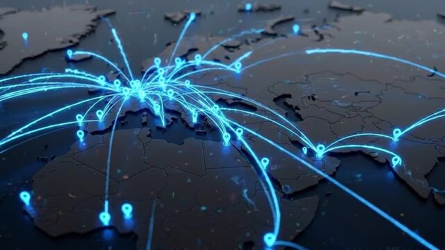 Global network connection map with glowing blue cloud markers illustrating digital communication technology and data flow across multiple locations on dark map for seamless cloud integration