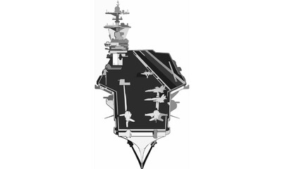 Front Perspective Aircraft Carrier with Fighter Jets Black and White Naval Vector Illustration © HASAN