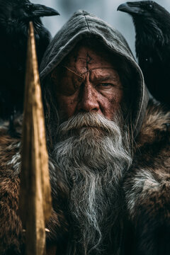 Odin Aesir Norse god surrounded by ravens holding Gungnir spear wearing fur cloak and ancient hood