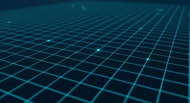 Abstract digital grid with glowing blue neon lines and points receding into futuristic dark digital