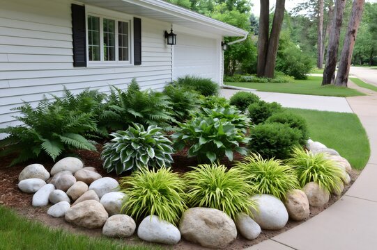 House garden landscaping with hostas ferns and rocks