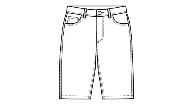 Simple line art drawing of denim shorts front view on white background