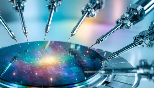 Semiconductor wafer fabrication and robotic manufacturing systems. Advanced microchip lithography processes. Precision automated mechanical arms testing a silicon wafer disc.