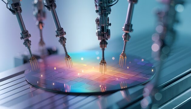 Automated robotic testing for silicon wafer production. Semiconductor foundry machinery and factory efficiency. Robotic multi needle probes calibrating integrated circuit patterns.