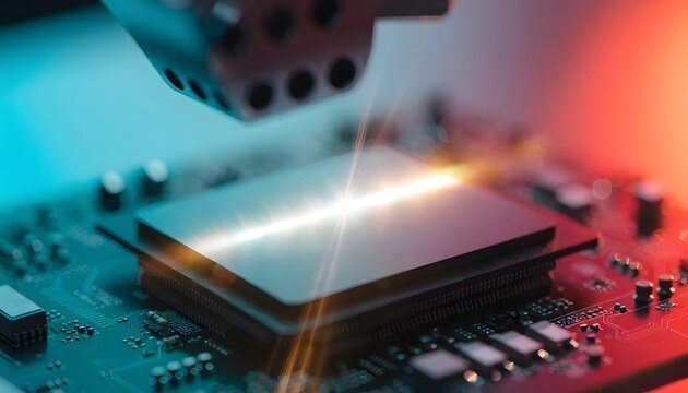 High power laser thermal treatment on microprocessor units. Laser welding and material processing in tech production. Specialized laser beam focusing energy on a central cpu processor chip.