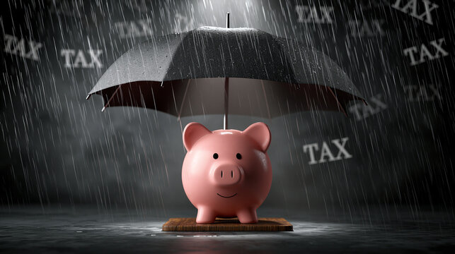 Piggy Bank Shielded from Tax Rain: A pink piggy bank stands resilient under a protective umbrella, shielded from the downpour of TAX signs, symbolizing financial protection and tax season concerns.
