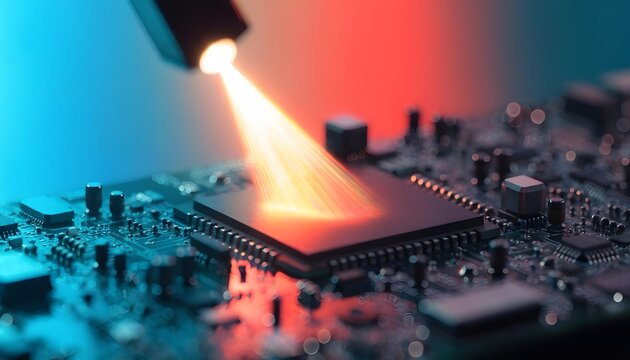 Laser etching and engraving process on silicon semiconductors. Microelectronics fabrication and surface treatments. Intense laser light beam streaming onto a computer microchip component.