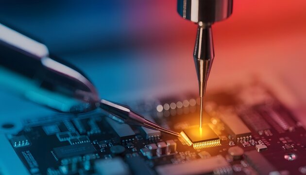 Micro soldering and component placement on electronic circuits. Precision hardware assembly and repair services. Fine mechanical needles micro welding connections on a glowing computer chip.