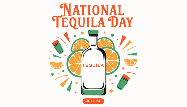 Decorative illustration celebrating national tequila day with citrus and bottle