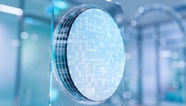 Modern silicon wafer and semiconductor microchip production. Advanced laboratory technology environment. Circular pattern glass structure reflecting cleanroom lighting