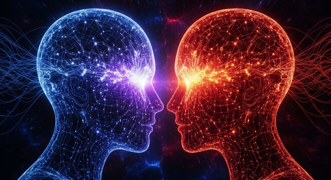 Abstract digital representation of two human minds connecting, symbolizing telepathy, consciousness
