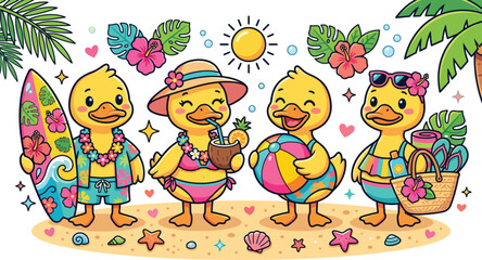 Fototapeta premium Cute cartoon ducks enjoying a fun summer beach vacation with surfboards tropical flowers palm trees and bright sunshine in summer