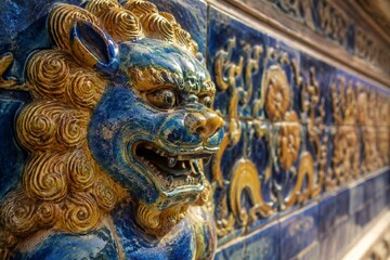 Obraz premium Close-up of a lion relief from a glazed brick wall.