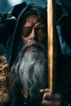 Odin Norse Aesir god with eyepatch framed by ravens and golden Gungnir spear in cinematic fantasy portrait