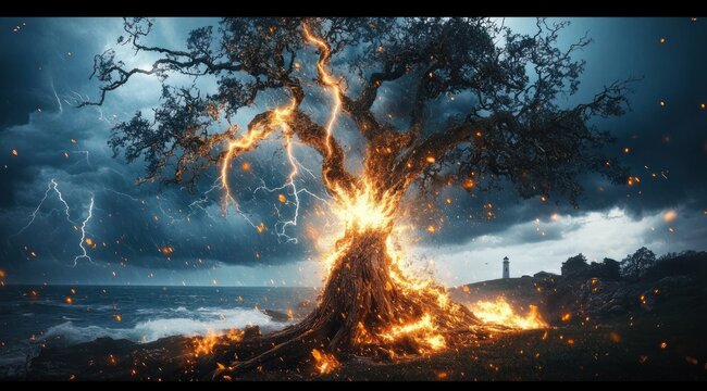 Giant coastal tree struck by lightning and engulfed in blazing fire, embers scattering beneath a stormy sky over rough ocean with a distant lighthouse, dramatic and ominous