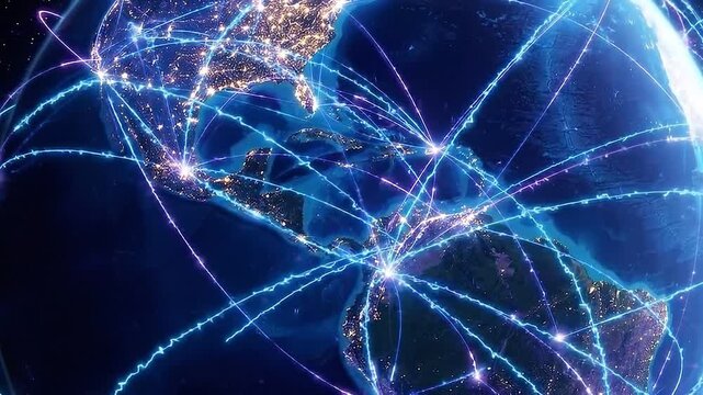 Global network connection over cloud illuminates digital communication linking continents with bright light trails showing vibrant data flow across earth at night in advanced technology scene