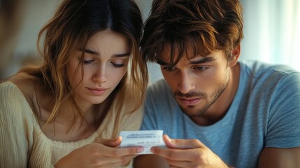 Fototapeta premium young couple sitting close together examining a pregnancy test, sharing a tense mix of anxiety and hope in warm indoor light