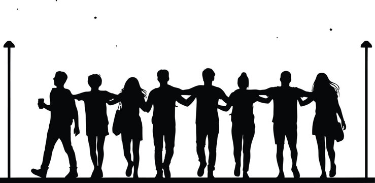 Group of friends arms around shoulders walking at night, celebrating friendship and enjoying company with stars and lamps.